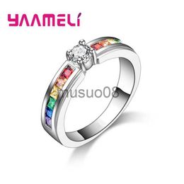 Band Rings Real 925 Sterling Silver Rainbow Cubic Zircon Rings For Women Wedding Lovely Engagement Proposal Ring Accessory J230817