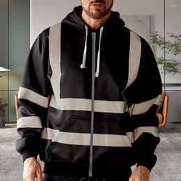 Men's Hoodies Zipper Hoodie Coat Long Sleeve Outwear Winter With Reflective Safety Stripes Placket Drawstring Pockets