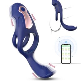Vibrators Wireless Bluetooth Vibrating Cock Ring with Clitoral Vibrator 9 Vibration Mode Dual Penis for Men Sex Toy Adult Couples