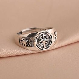 Band Rings Retro Poseidon Compass Ring Silver-Plated Hexagram Opening Adjustable Ring Men and Women Hip-Hop Trend Jewelry Gift J230817