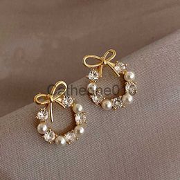 Charm Minimalist Round Bow Knot Earrings For Women Temperament Fashion Rhinestone Imitation Pearl Stud Earrings Party WeddJewely J230817