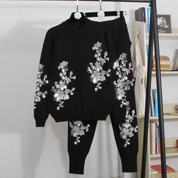 Women's Two Piece Pants Korean Fashion Sequins Embroidery Flower Knitted Tracksuit Women 2pc Outfits Loose Casual Knit Pullover Sweater Set