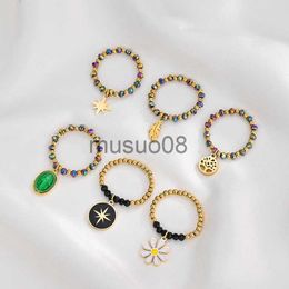 Band Rings Vintage Metal Stainless Steel Handmade Elastic Beaded Adjustable Ring For Women Heart Star Flower Pendant Ring Fashion Jewellery J230817