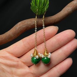 Dangle Earrings Green Jade Jadeite Beads Carved Chinese Women Talismans Emerald Jewellery Natural Designer Pearl Luxury 925 Silver Gift