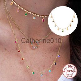 Pendant Necklaces QUKE 925 SterlSilver Rainbow Water Drop Zircon Choker Necklace for Women Gold Silver Color Long Chain Necklace Jewelry J230817