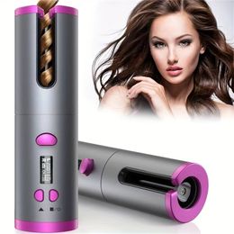 Hair Curling Iron Automatic Hair Curling Iron With LCD Display, Adjustable Temperature And Timer, Fast Heating Portable Rechargeable Rotating Ceramic Curling Iron