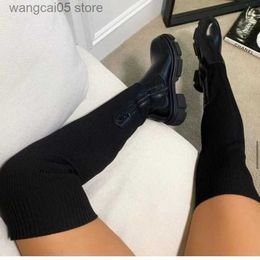 Boots Flats Shoes Thick Sole Boots Autumn Winter Breathable Knitting Sock Upper Women Thigh High Boots Stretch Round Toe Plus Size T230817