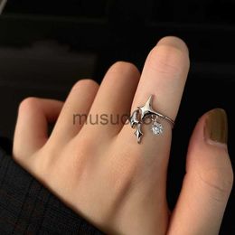 Band Rings Silver Colour Four Pointed Star Zircon Pendant Ring For Women Vintage Aesthetic Original Y2K Adjustable Opening Ring Jewellery J230817