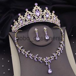 Gorgeous Purple Crystal Luxury Bridal Jewellery Sets for Women Crown Tiaras Earrings Bride Necklace Sets Prom Wedding Crown Set x0817