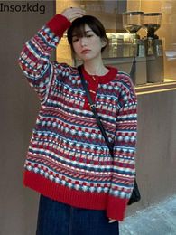 Women's Sweaters Lnsozkdg Knit Jumper Pullovers Women Long Sleeve Crew Neck With Button Geometric Sweater Ladies Knitwear Harajuku