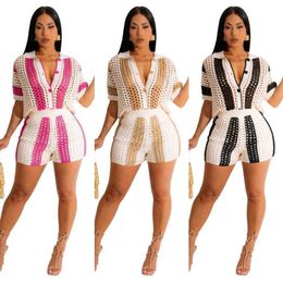 2023 Summer Designer Womens Tracksuits Two Piece Sweater Outfits New Sexy Hollowed Out Perspective Lapel Knitted Shorts Set