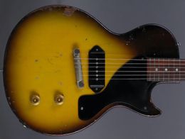 Rare 1957 Junior Sunburst Dark Brown Heavy Relic Electric Guitar One Piece Mahogany Body & Neck, P-90 Dog Ear Pickup, Wrap around Bridge 2569