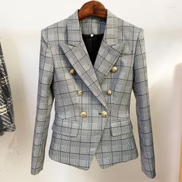 Women's Suits 2023 European And American Star Jacket Double-breasted Lion Button Slim British Plaid Cheque Suit