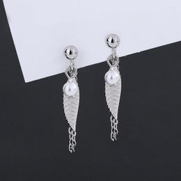 Dangle Earrings Leaf Pearl Earring Female Long Tassel Feather Drop French Fashion Silver Color Jewelry