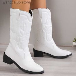 Boots Mid Calf Western Cowboy Boots Women Embroidered Chunky Heels Cowgirls Boots Woman 2023 Autumn Pointed Toe PU Leather Botas 36-43 T230817
