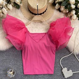 Women's T Shirts For Women Solid V-Neck Petal Sleeve Gauze Summer Streetwear High Strecth Korean Fashion Ladies Tops Pullover Drop