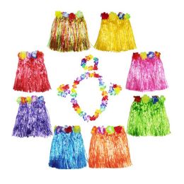 30 Sets 30cm Hawaiian Hula Grass Skirt + 4pc Lei Set for Child Luau Fancy Dress Costume Party Beach Flower Garland Set