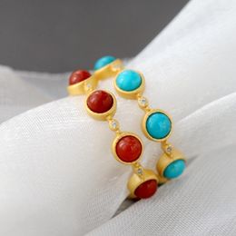 Cluster Rings Authentic 925 Sterling Silver Inlaid Natural Turquoise South Red Agate Fashion Jewellery Gifts Retro Women Open Ring