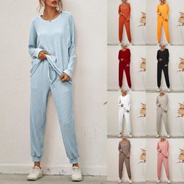 Women's Sleepwear Solid Color Stripes Loose Loungewear Pajamas Long Sleeved Casual Wear