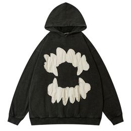 Men's Hoodies Sweatshirts Vintage Men Women Hoodie Sweatshirt Y2K Hip Hop Ripped Embroidery Teeth Patch Hooded Streetwear Harajuku Punk Gothic Pullover 230815