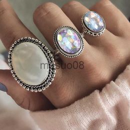 Band Rings BOHO Big Opal Stone Colourful Midi Rings Set For Women New Design Retro Silver Colour Vintage Finger Knuckle Ring Set Jewellery J230817