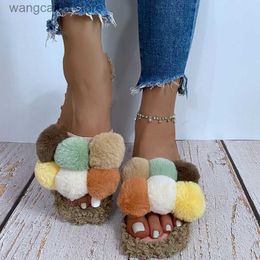 Slippers New Women Fur Slippers Winter Slides Fluffy Furry Sandals Woman Flip Flops Home Slippers Hot Ladies Plush Shoes T230817
