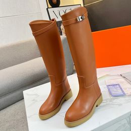 tall boot smooth calfskin Buckle Slip-On Knight Boots chunky heel leather Round toe riding boots luxury designers flats heel Rubber sole women boot