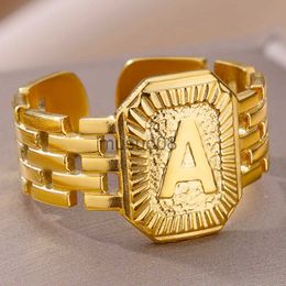 Band Rings Initial Rings for Women's Stainless Steel Jewellery Accessories 18K Gold Plated Fashion Embossed 26 letter A-Z Open Couple Ring J230817