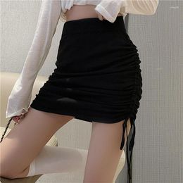 Skirts 2023 CHRLEISURE Female High Waist Folds Drawstring Hip Wrap Mini Summer Fashion Babes Sexy Style Solid Women's Short Skir