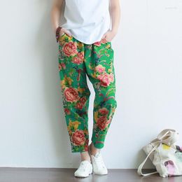 Women's Pants Women Summer Harem Floral Print Casual Chinese 2023 National Cotton Linen Bottoms Peony Elastic Mid-waist Capris