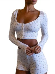 Women's Sleepwear Women S 2 Piece Lounge Sets Long Sleeve Casual Crop Top And Shorts Pajama Set Loungewear