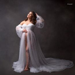 Casual Dresses Off The Shoulder Beadings Long Latern Sleeves Maternity Robes Sweetheat Strapless Tulle See Thru Illusion Bridal Dress