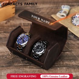 Watch Boxes Cases CONTACT'S FAMILY Genuine Leather Watch Storage Case Portable Travel Watch Roll Retro Watch Gift Box for Wristwatch Packaging 230816