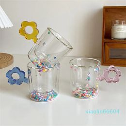 Wine Glasses 1 Piece 250ml Double Wall Glass Cup With Filled In Glitters Clear Pink Blue Grey Yellow Flower Handle Coffee Milk Mug