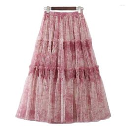 Skirts TIGENA Aesthetic Print Fluffy Tutu Tulle Long Skirt For Women 2023 Patchwork Tiered A Line High Waist Pleated Maxi Female