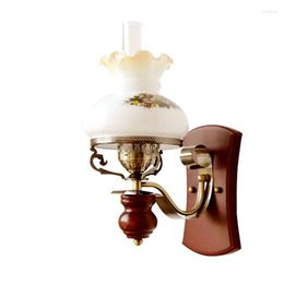 Wall Lamp Retro Nostalgic Country American Solid Wood European Classical Flower Glass Bedside