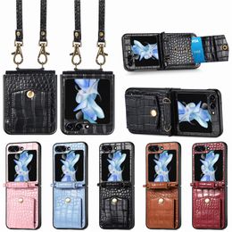 Flip5 Crocodile Pattern Design PU Leather Folding Phone Case For Samsung Galaxy Z Flip 4 Flip 5 Wallet Card Slot Lanyard Shell