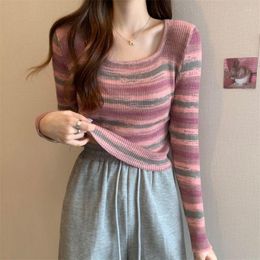 Women's Sweaters 2023 Women Spring Autumn Fashion Striped Knitted Tops Female Long Sleeve O Neck Jumpers Ladies Slim Crop Top U394