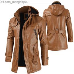 Men's Jackets Men's trend slim fitting jacket casual solid Colour belt jacket men's PU leather jacket windproof hooded coat autumn and winter Z230817