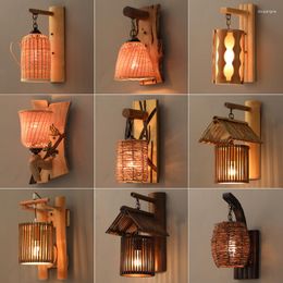 Wall Lamp Bedside Light Bulb Chinese Tea Room Aisle Balcony Creative Bamboo Woven