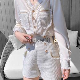 Women's Two Piece Pants Korean Chic Vintage Tweed 2 Piece Sets Women Outfits Long Sleeve ChiffonTweed Shirt Top Shorts Sets Fashion Two Piece Pant Suits J230816