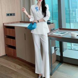 Women's Two Piece Pants 2023 Women Office White Suit Two-Piece Pantsuit Elegant Slim Blazer Female Set Casual Loose Flare Jacket Work