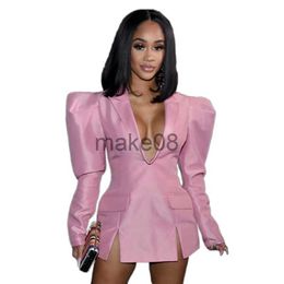 Women's Two Piece Pants Sexy Vneck Pink Dress Suits 2020 Autumn Spring New Women Fashion Suit Elegant Tuxedo Woman Long Sleeve Pleated Blazers Dress J230816