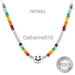 Pendant Necklaces Neixiu 925 SterlSilver Colourful Beaded SmilFace Necklace Women FoldCollar Chain Simple Classic Christmas Female Gift J230817