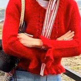 Women's Knits Tees Knitted Hollow Out Cardigan 202 Autumn Winter O Neck Long Sleeve Fashion Ruffles Sweaters Femme Vintage Elegant Sweater 230816