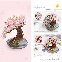 Blocks DIY Discoloration Cherry Blossom Plant Succulent Potted Flower House Assembly Building Blocks Classic Model B Sets Kid R230817