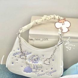 Hobo Xiuya Cute Cool Handbags for Women New Pu Leather Punk Casual Ladies Underarm Bag Sweet Heart Pearl Chain Cat Print Shoulder Bag HKD230817