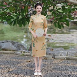 Ethnic Clothing Improved Printing Cheongsam 2023 Autumn Retro Dress Disc Buckle Slit Slim Mid-length Girl Chinese Qipao Banquet For Women