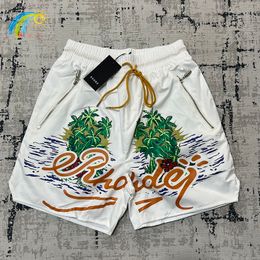 Men's Shorts Coconut Tree Letters Print Beach RHUDE Shorts Summer Men Woman 1 1 Casual Sand Drawstring Breeches Simple Quick Drying 230816