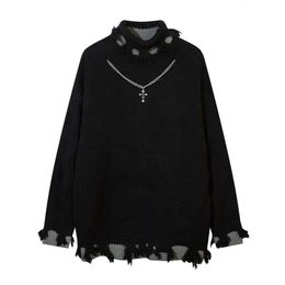 Men's Sweaters Turtleneck Necklace Designer Thick Sweaters for Women Y2k Frayed Ripped Vintage Gothic Tops Winter Fashion Aesthetic Clothing 230816